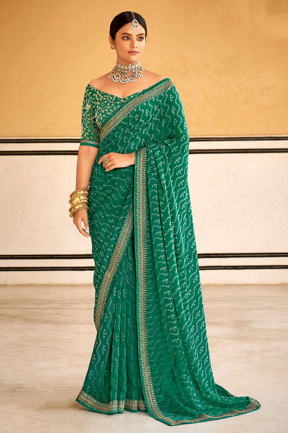 Green Bandhani Design Saree With Embroidery Work Blouse