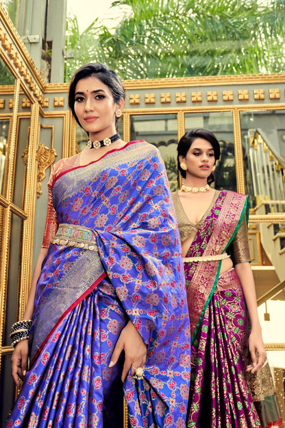Blue And Pink Combination Banarasi Silk Saree