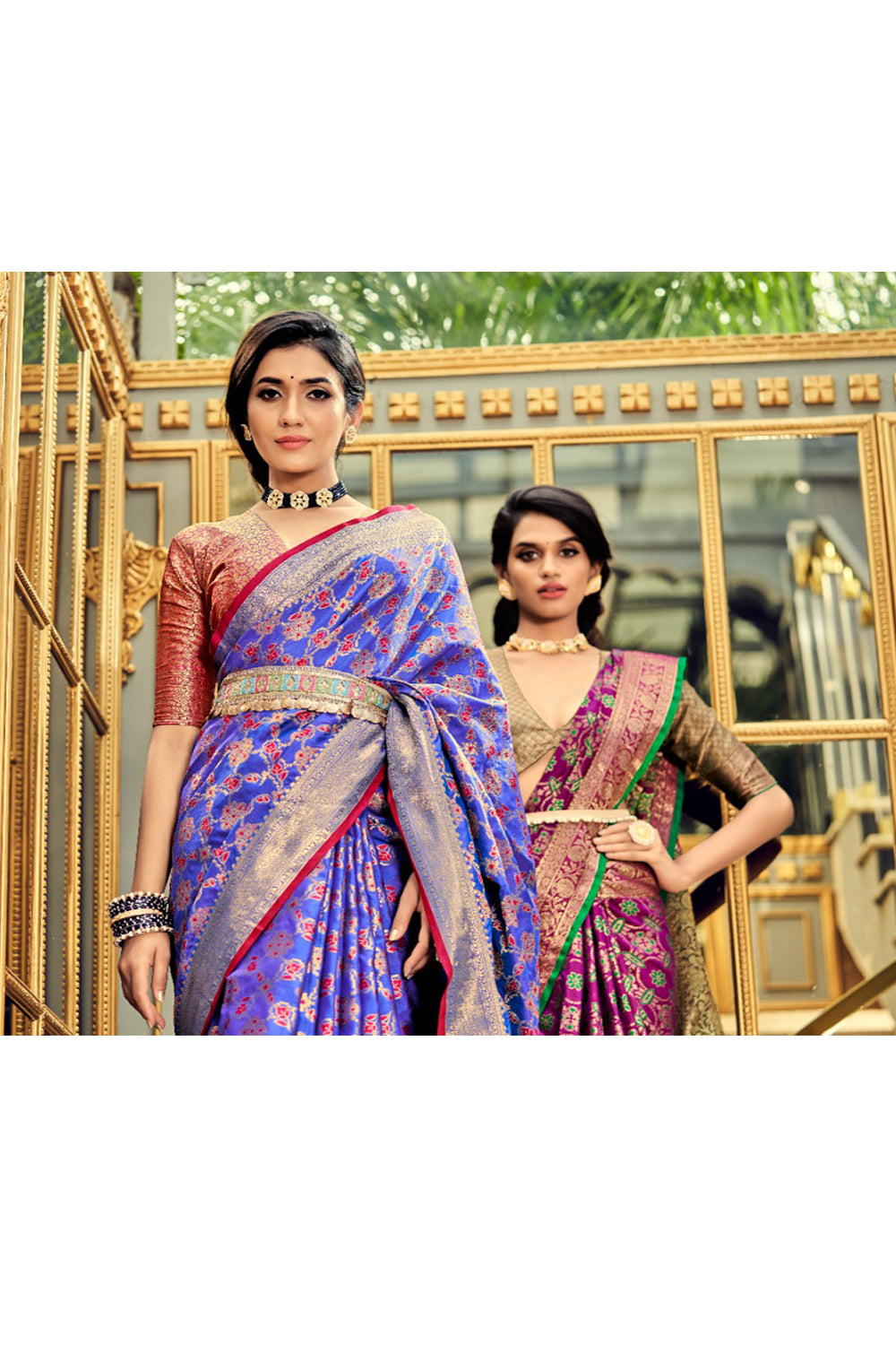 Traditional Blue Silk Saree With Attached Pink Blouse for Woman