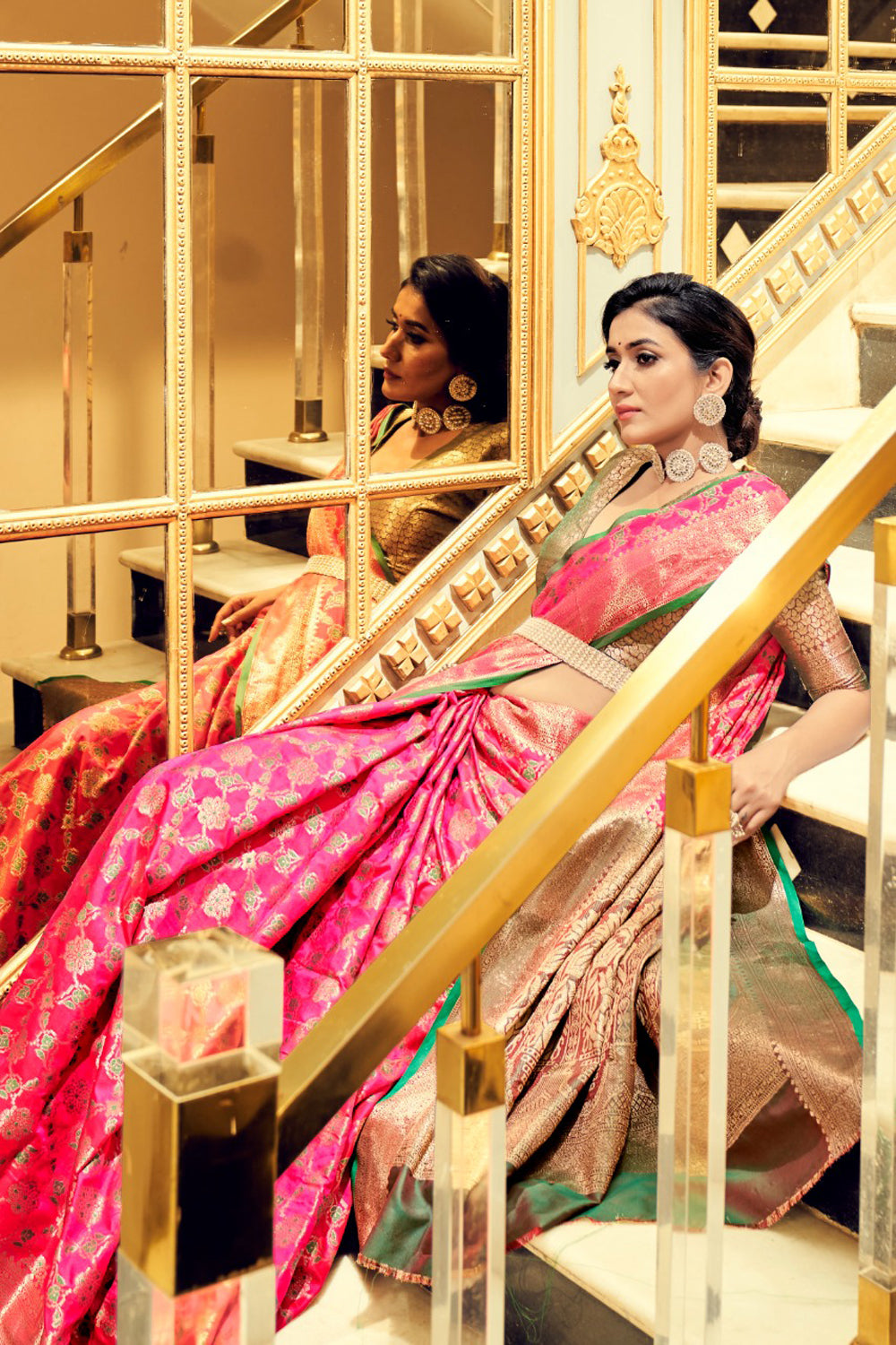 Pink Soft Banrasi Silk Saree With Woven Zari Design With Green Blouse