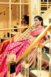 Pink Soft Banrasi Silk Saree with Woven Zari Design With Green Blouse