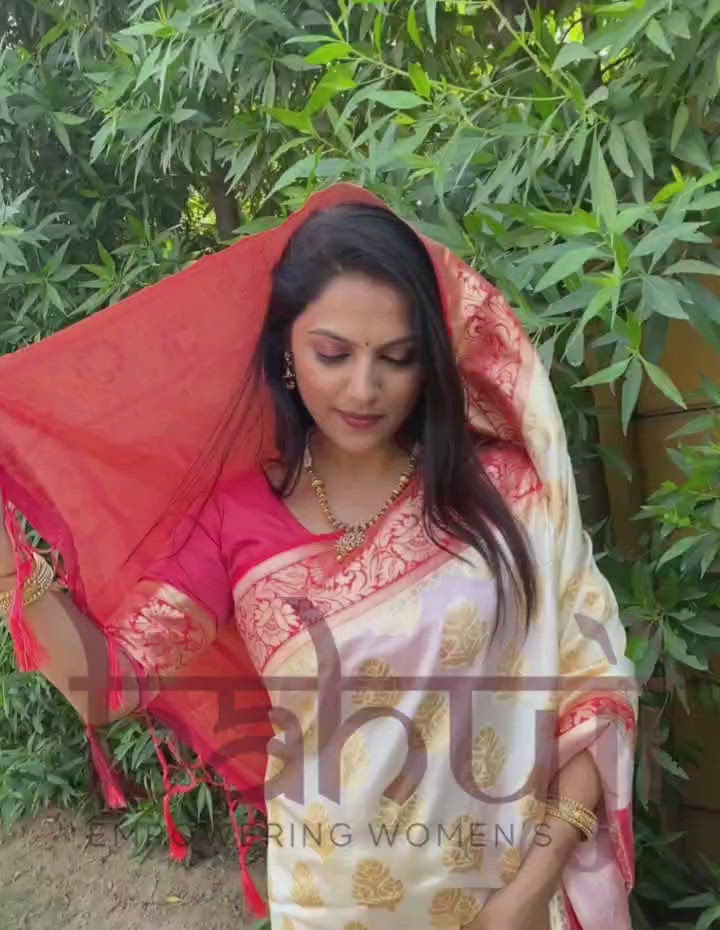 Jasmin White and Red Zari Woven Banarasi Silk Saree With Red Blouse