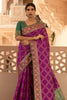 Jam Purple Zari Woven Soft Silk Saree With Green Blouse