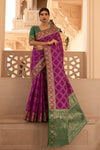 Jam Purple Zari Woven Soft Silk Saree With Green Blouse