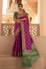 Jam Purple Zari Woven Soft Silk Saree With Green Blouse