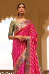 Pink Zari Woven Soft Silk Saree With Green Zari Woven Blouse