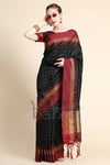 Black Color Golden Checks Design Soft Raw Silk Saree