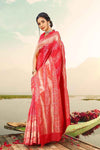 Red Zari Design Latest Pure Silk Saree With Plan Blouse
