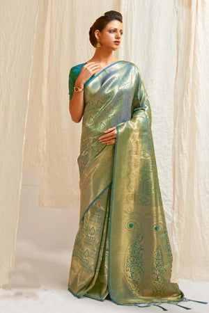 Shamrock Green Golden Shine Kanjivaram Wedding Saree