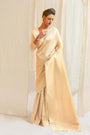 Cream Golden Zari Shine Kanjivaram Wedding Saree With Blouse